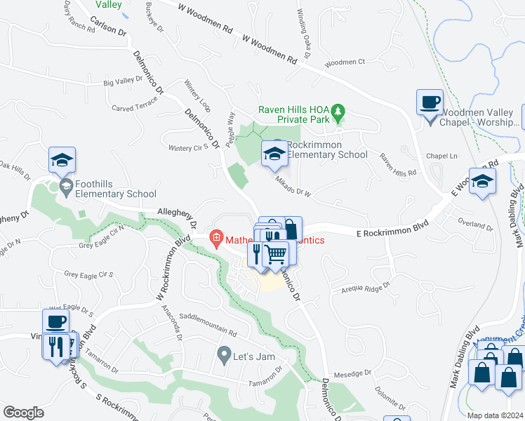 map of restaurants, bars, coffee shops, grocery stores, and more near 6835 Delmonico Drive in Colorado Springs