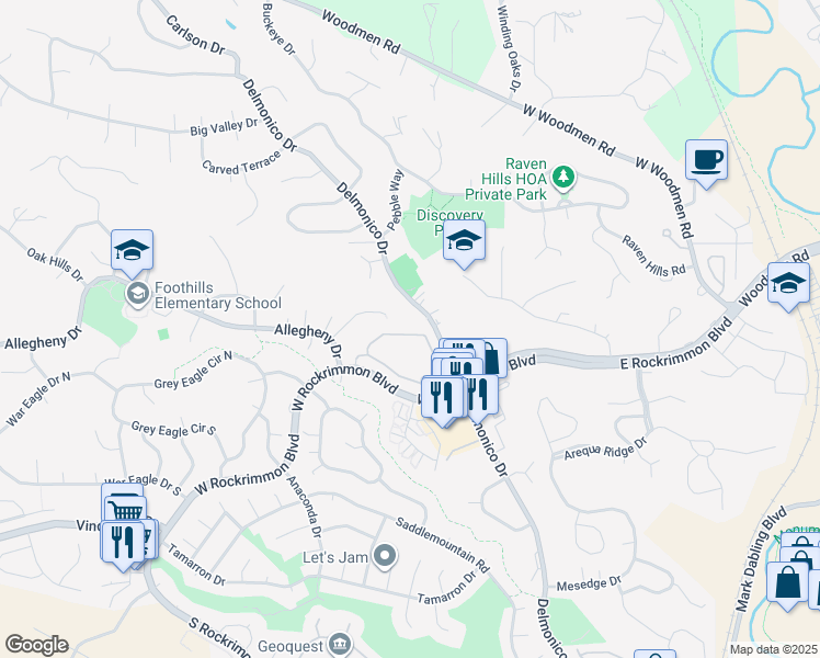 map of restaurants, bars, coffee shops, grocery stores, and more near 305 Allegheny Place in Colorado Springs