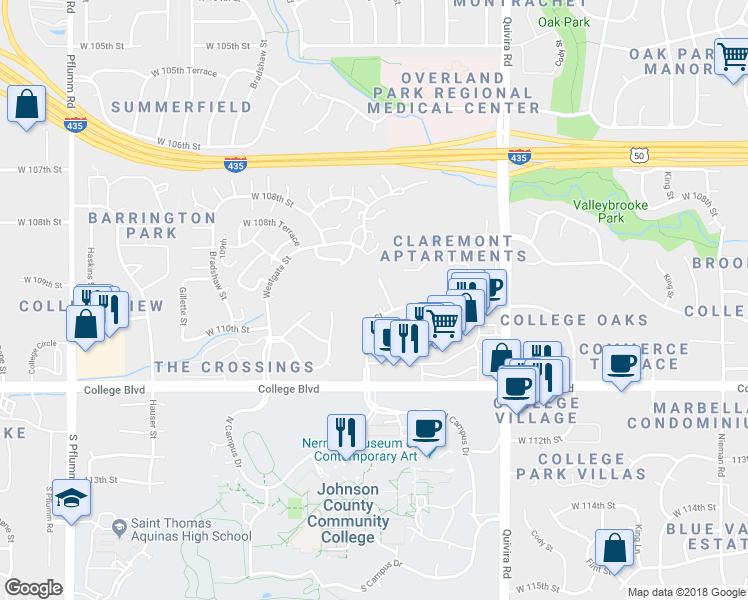 map of restaurants, bars, coffee shops, grocery stores, and more near 11000 Oakmont Street in Overland Park