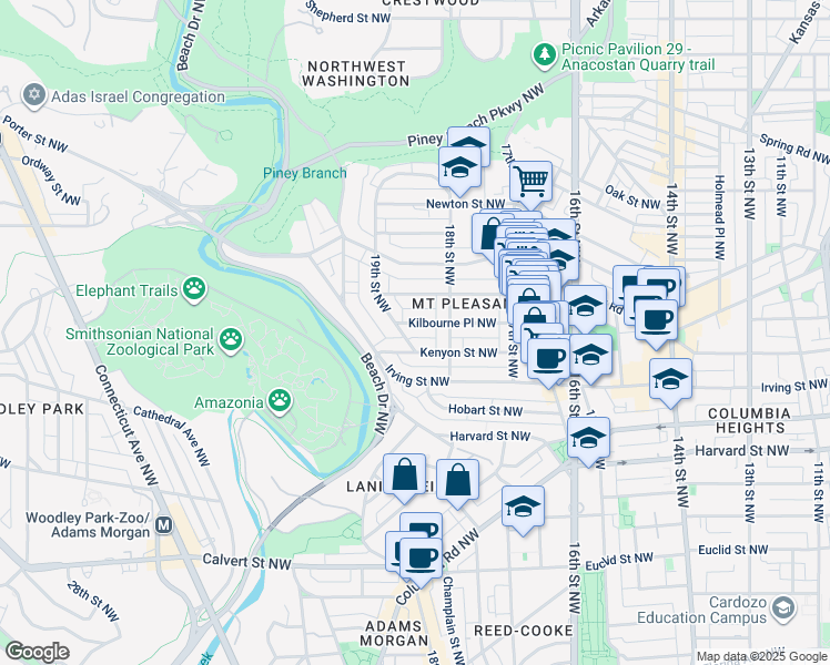 map of restaurants, bars, coffee shops, grocery stores, and more near 1822 Kilbourne Place Northwest in Washington