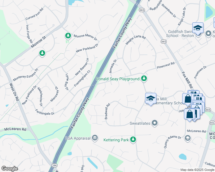 map of restaurants, bars, coffee shops, grocery stores, and more near 2653 Fanieul Hall Court in Herndon