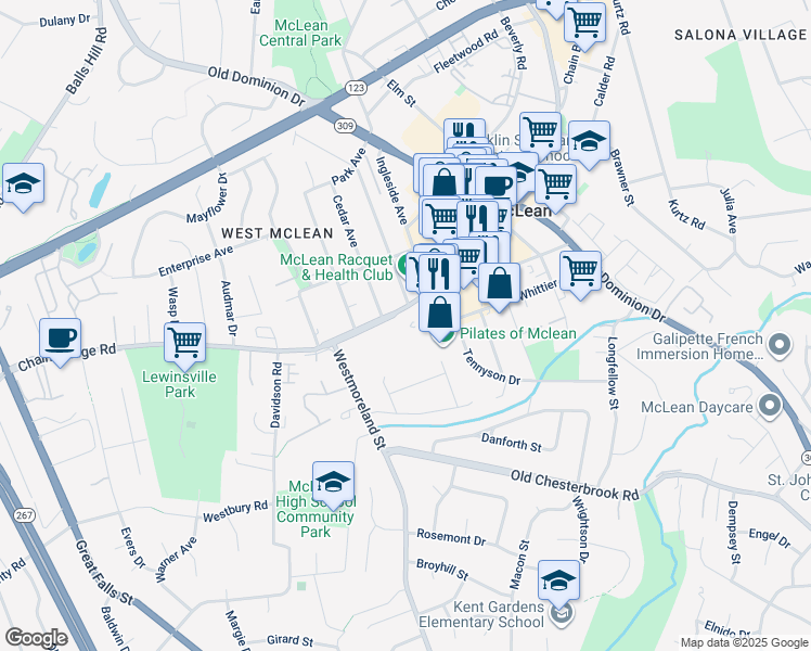 map of restaurants, bars, coffee shops, grocery stores, and more near 1515 Chain Bridge Road in McLean