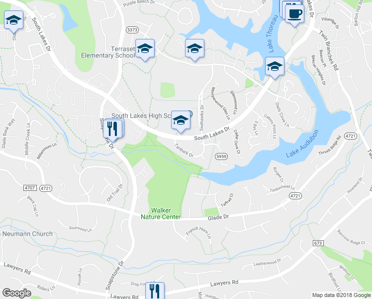 map of restaurants, bars, coffee shops, grocery stores, and more near 11436 Tanbark Drive in Reston