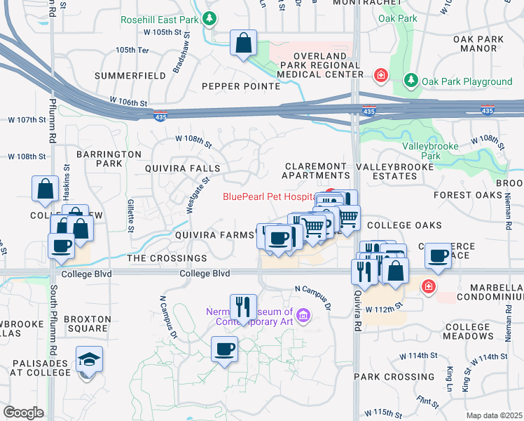 map of restaurants, bars, coffee shops, grocery stores, and more near 11000 Oakmont Street in Overland Park
