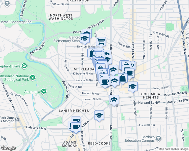 map of restaurants, bars, coffee shops, grocery stores, and more near 1706 Kilbourne Place Northwest in Washington