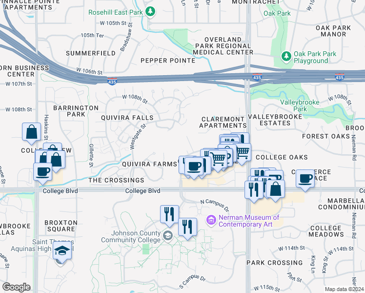 map of restaurants, bars, coffee shops, grocery stores, and more near 11000 Oakmont Street in Overland Park