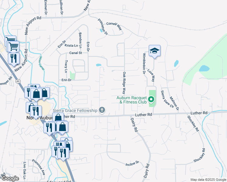 map of restaurants, bars, coffee shops, grocery stores, and more near 1400 Wesley Lane in Auburn