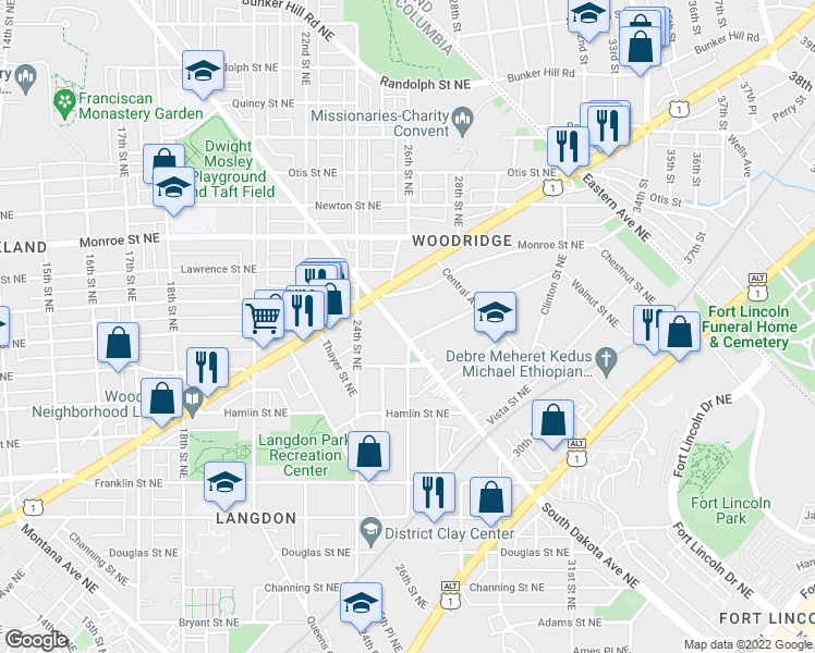 map of restaurants, bars, coffee shops, grocery stores, and more near 3105 South Dakota Avenue Northeast in Washington