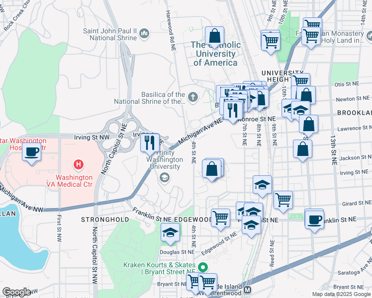 map of restaurants, bars, coffee shops, grocery stores, and more near 391 Michigan Avenue Northeast in Washington
