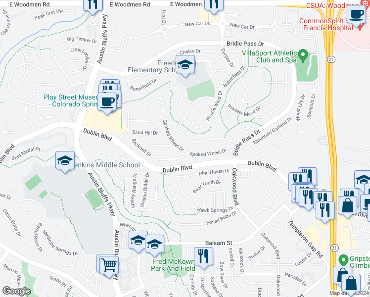 map of restaurants, bars, coffee shops, grocery stores, and more near 5220 Spoked Wheel Drive in Colorado Springs