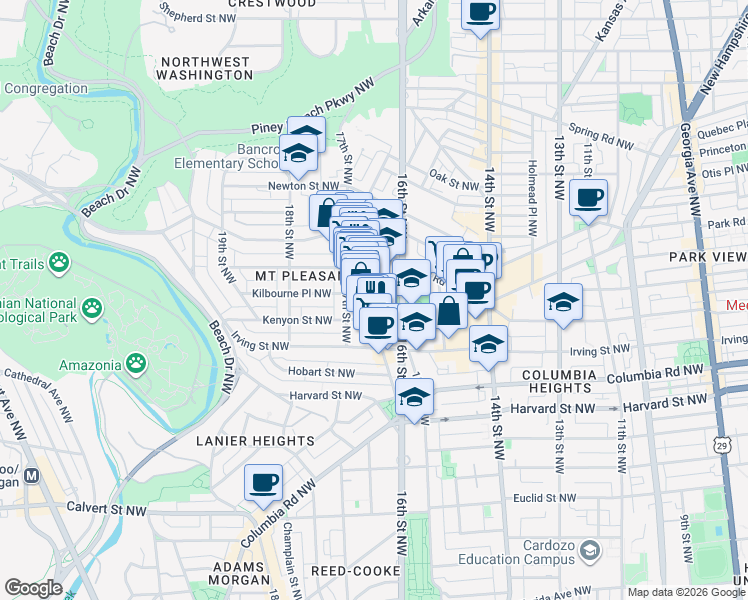 map of restaurants, bars, coffee shops, grocery stores, and more near 3151 Mount Pleasant Street Northwest in Washington