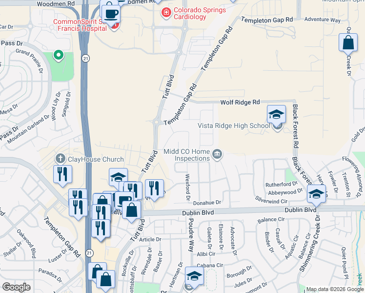 map of restaurants, bars, coffee shops, grocery stores, and more near 6795 Templeton Gap Road in Colorado Springs