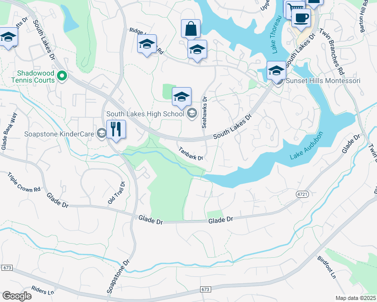 map of restaurants, bars, coffee shops, grocery stores, and more near 11436 Tanbark Drive in Reston