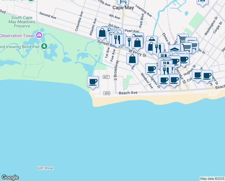 map of restaurants, bars, coffee shops, grocery stores, and more near 11 South Broadway in Cape May