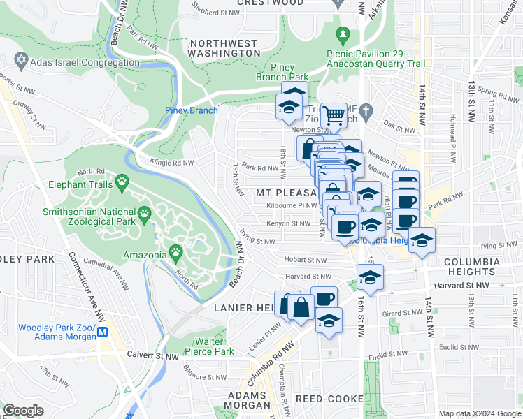 map of restaurants, bars, coffee shops, grocery stores, and more near 1822 Kilbourne Place Northwest in Washington