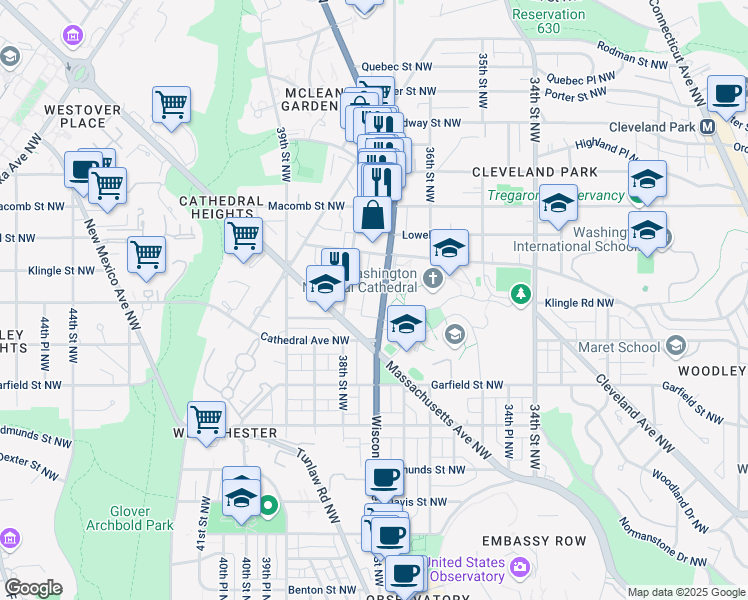 map of restaurants, bars, coffee shops, grocery stores, and more near 3028 Wisconsin Avenue Northwest in Washington