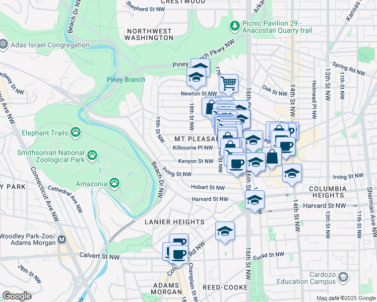 map of restaurants, bars, coffee shops, grocery stores, and more near 3122 18th Street Northwest in Washington