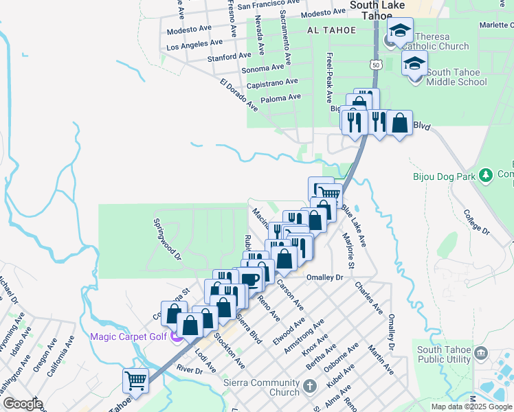 map of restaurants, bars, coffee shops, grocery stores, and more near 907 Macinaw Road in South Lake Tahoe