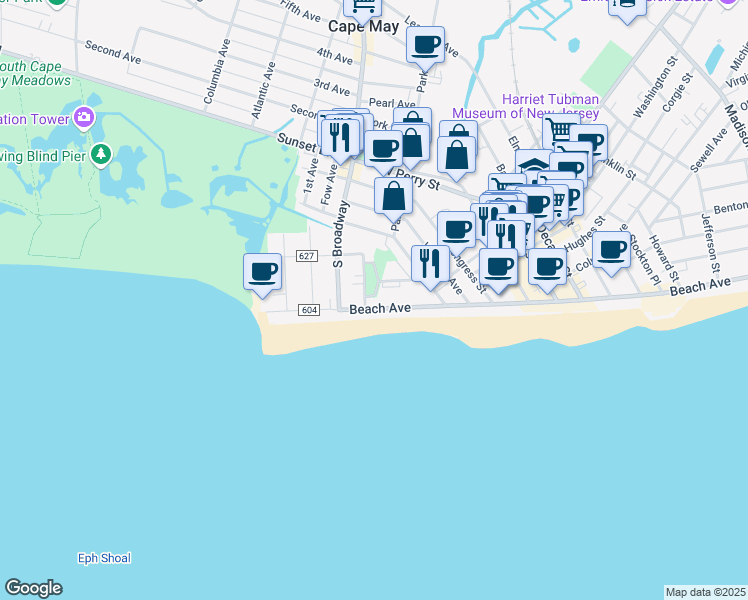 map of restaurants, bars, coffee shops, grocery stores, and more near 201 Beach Avenue in Cape May