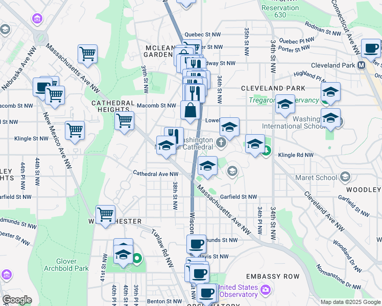 map of restaurants, bars, coffee shops, grocery stores, and more near 3028 Wisconsin Avenue Northwest in Washington