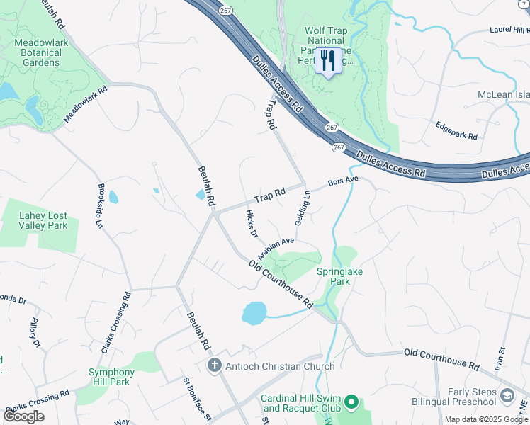 map of restaurants, bars, coffee shops, grocery stores, and more near 1701 Galloway Drive in Vienna