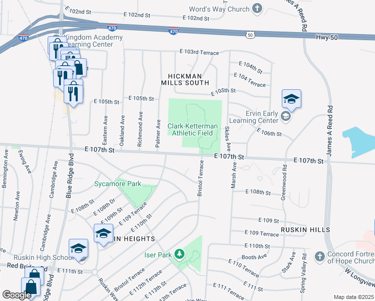map of restaurants, bars, coffee shops, grocery stores, and more near 7708 East 107th Street in Kansas City