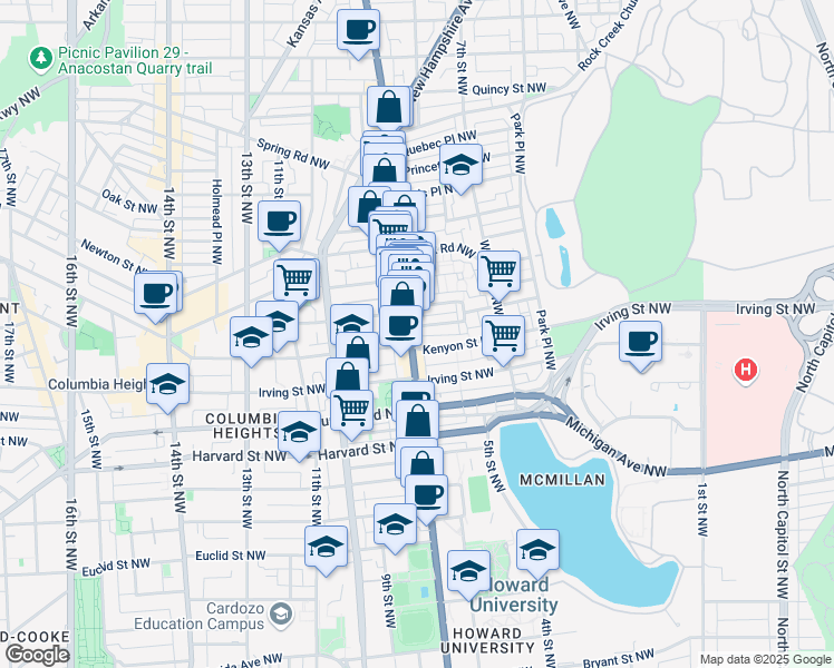 map of restaurants, bars, coffee shops, grocery stores, and more near 3211 Georgia Avenue Northwest in Washington