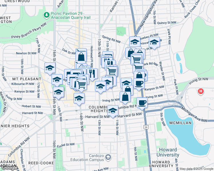 map of restaurants, bars, coffee shops, grocery stores, and more near 1118 Lamont Street Northwest in Washington