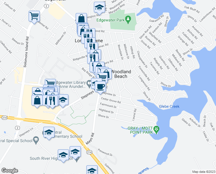 map of restaurants, bars, coffee shops, grocery stores, and more near 1739 Elkridge Drive in Edgewater