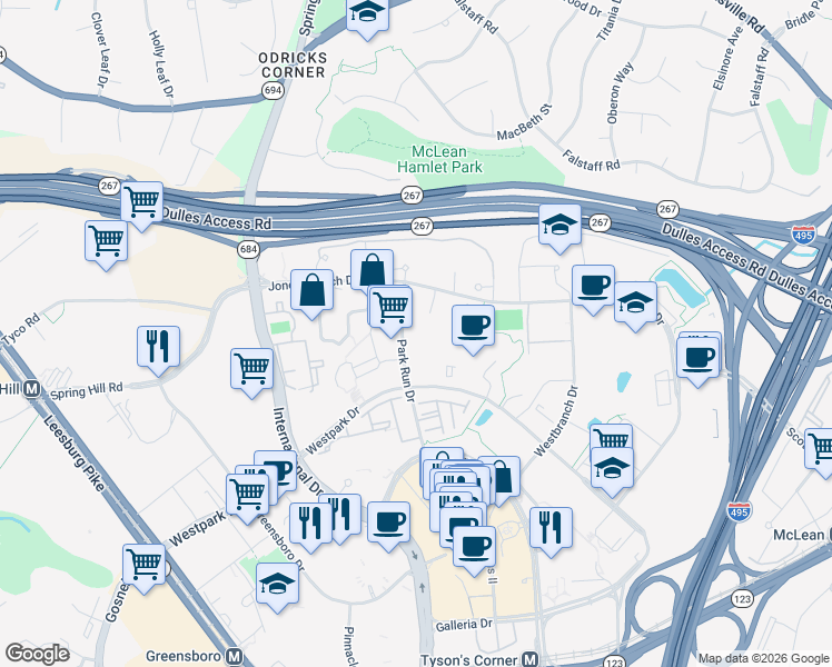 map of restaurants, bars, coffee shops, grocery stores, and more near 1551 Park Run Drive in McLean