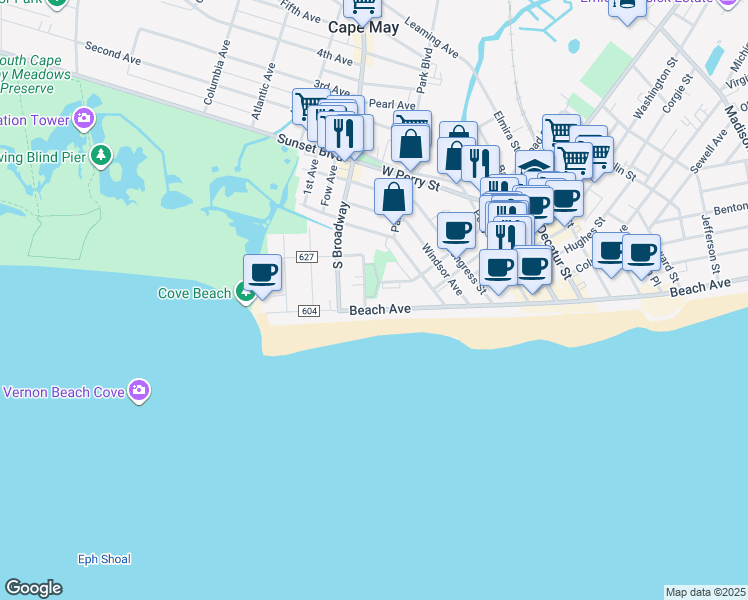 map of restaurants, bars, coffee shops, grocery stores, and more near 201 Beach Avenue in Cape May
