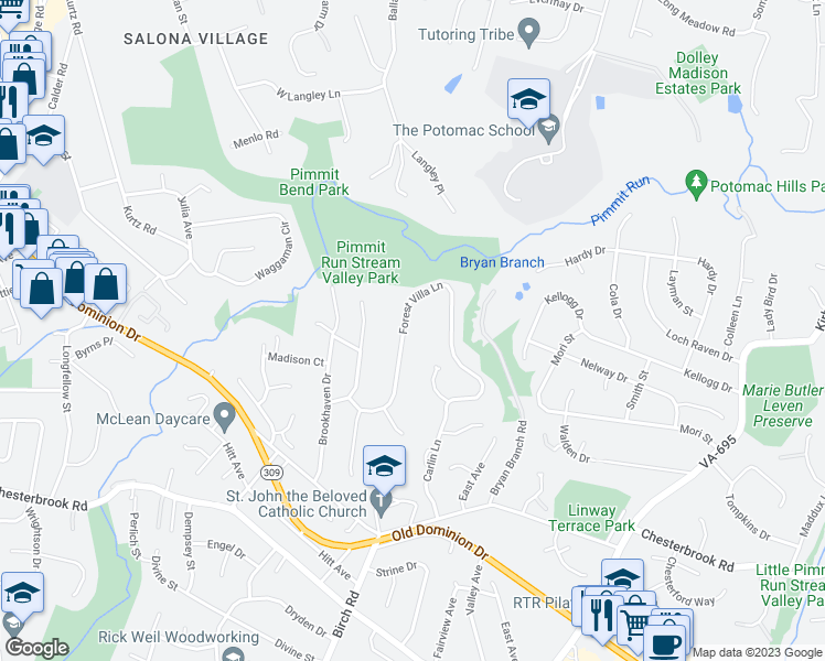 map of restaurants, bars, coffee shops, grocery stores, and more near 1539 Forest Villa Lane in McLean