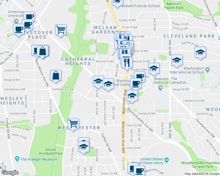 map of restaurants, bars, coffee shops, grocery stores, and more near 3819 Massachusetts Avenue Northwest in Washington
