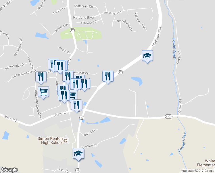 map of restaurants, bars, coffee shops, grocery stores, and more near 5460 Madison Pike in Independence