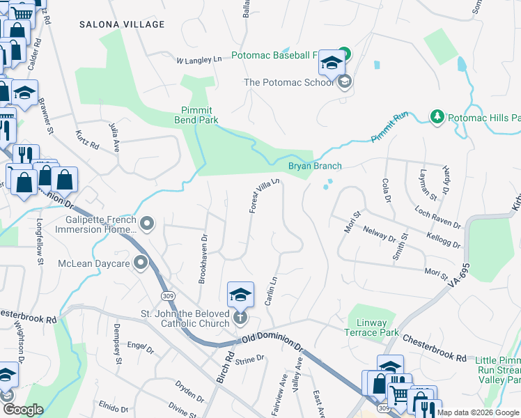 map of restaurants, bars, coffee shops, grocery stores, and more near in McLean