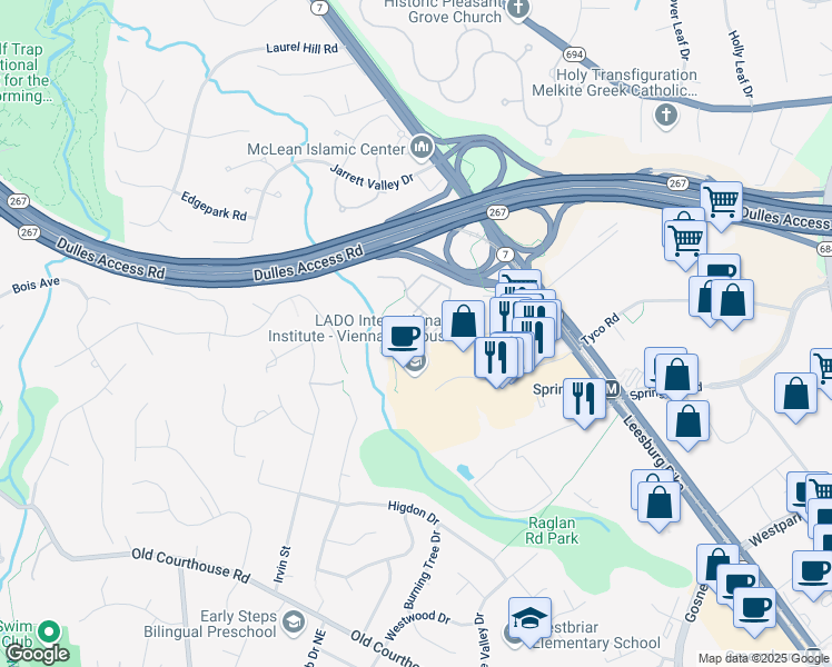 map of restaurants, bars, coffee shops, grocery stores, and more near 8810 Hunting Lodge Court in Vienna