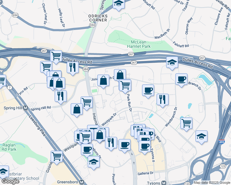map of restaurants, bars, coffee shops, grocery stores, and more near 1515 Lincoln Way in McLean