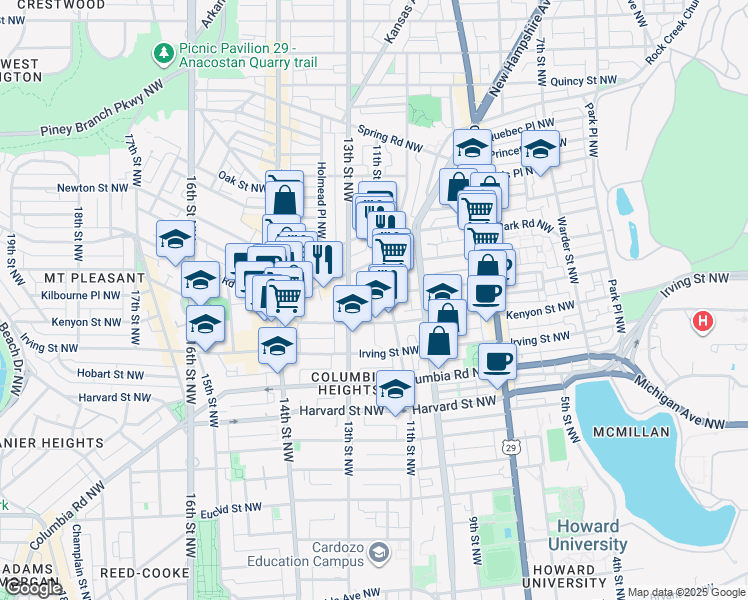 map of restaurants, bars, coffee shops, grocery stores, and more near 1118 Lamont Street Northwest in Washington