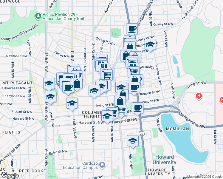 map of restaurants, bars, coffee shops, grocery stores, and more near 1018 Lamont Street Northwest in Washington