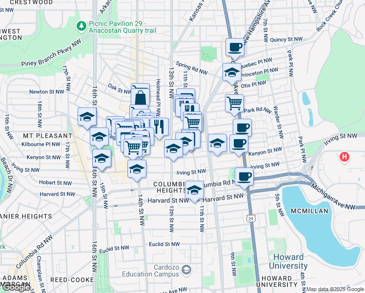 map of restaurants, bars, coffee shops, grocery stores, and more near 1124 Lamont Street Northwest in Washington
