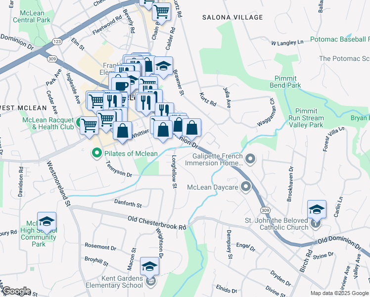 map of restaurants, bars, coffee shops, grocery stores, and more near 6641 Holmes Place in McLean