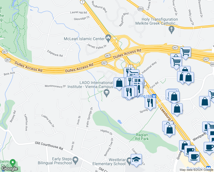 map of restaurants, bars, coffee shops, grocery stores, and more near 8810 Hunting Lodge Court in Vienna