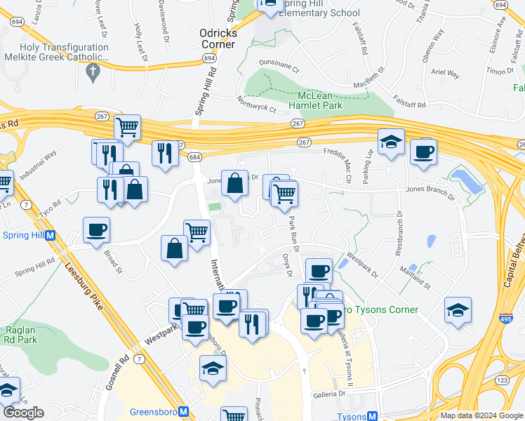 map of restaurants, bars, coffee shops, grocery stores, and more near 1515 Lincoln Way in McLean