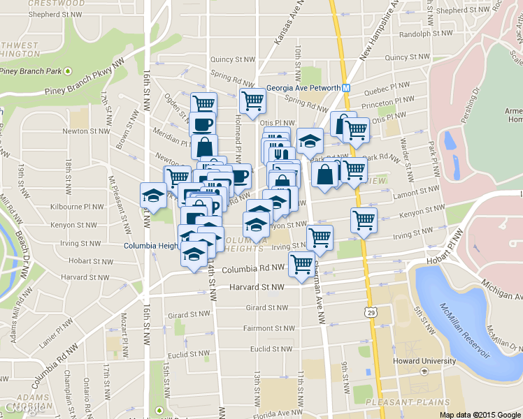 map of restaurants, bars, coffee shops, grocery stores, and more near 3225 13th Street Northwest in Washington