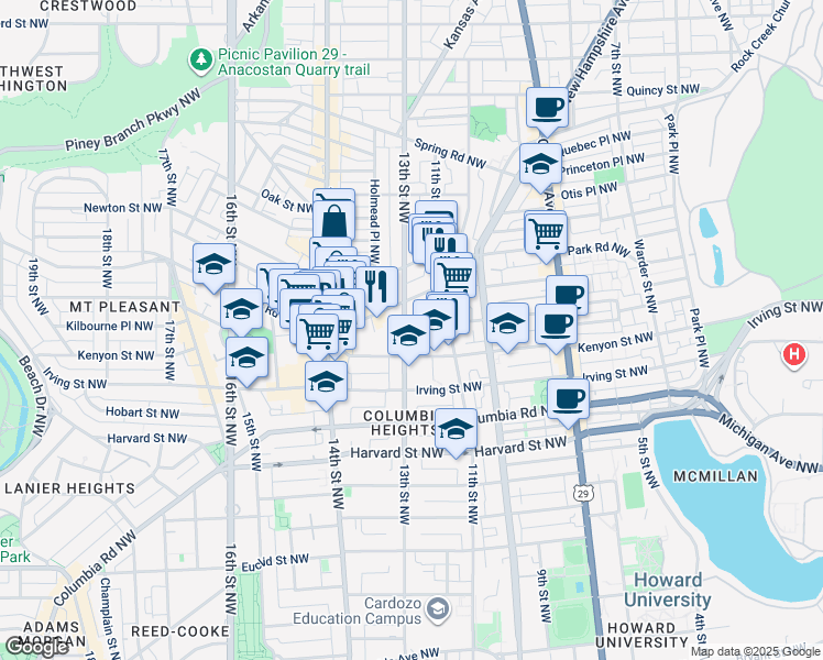 map of restaurants, bars, coffee shops, grocery stores, and more near 3225 13th Street Northwest in Washington