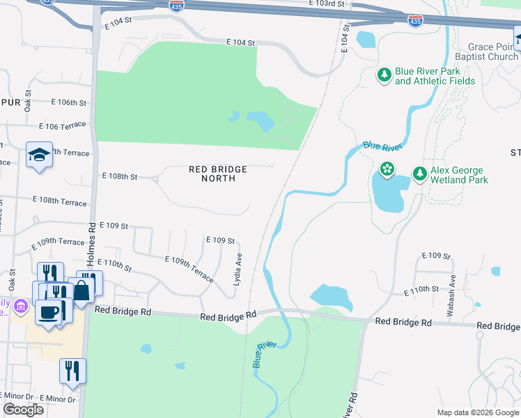 map of restaurants, bars, coffee shops, grocery stores, and more near 1420 East 108th Terrace in Kansas City