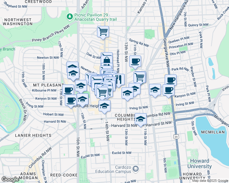 map of restaurants, bars, coffee shops, grocery stores, and more near 1346 Park Road Northwest in Washington