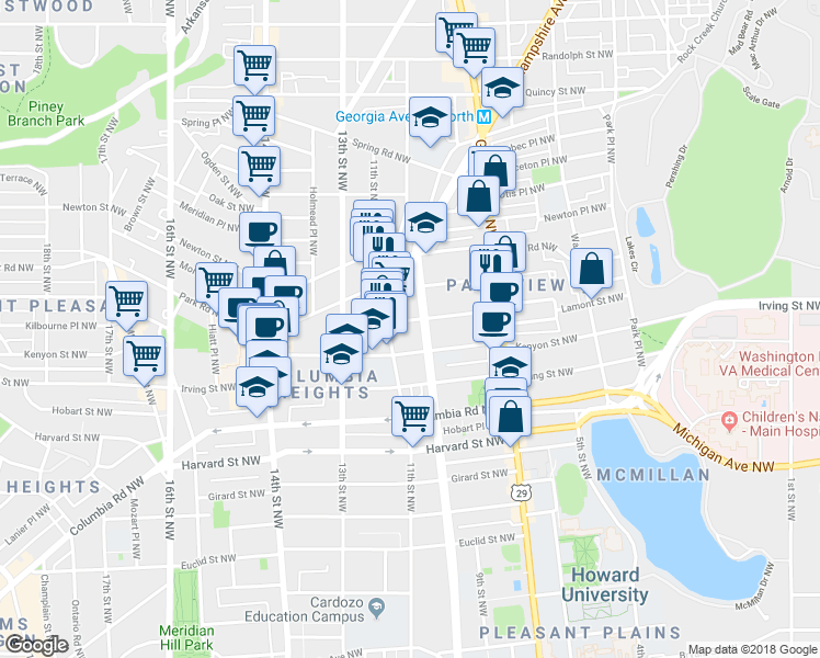 map of restaurants, bars, coffee shops, grocery stores, and more near 1018 Lamont Street Northwest in Washington