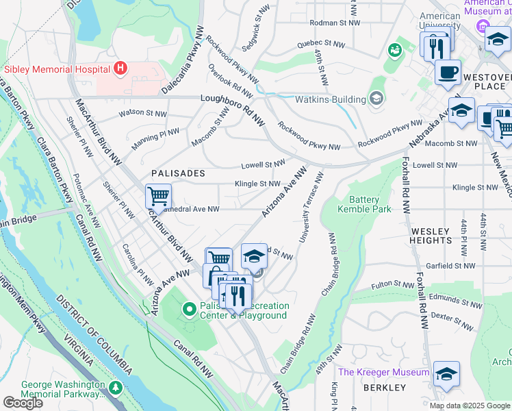 map of restaurants, bars, coffee shops, grocery stores, and more near 5015 Cathedral Avenue Northwest in Washington