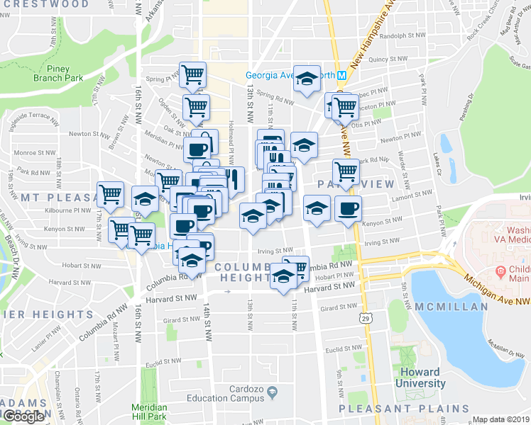 map of restaurants, bars, coffee shops, grocery stores, and more near 1124 Lamont Street Northwest in Washington
